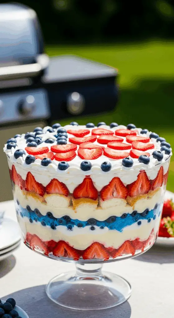A beautiful, layered, no-bake 4th of July Trifle in a glass bowl.