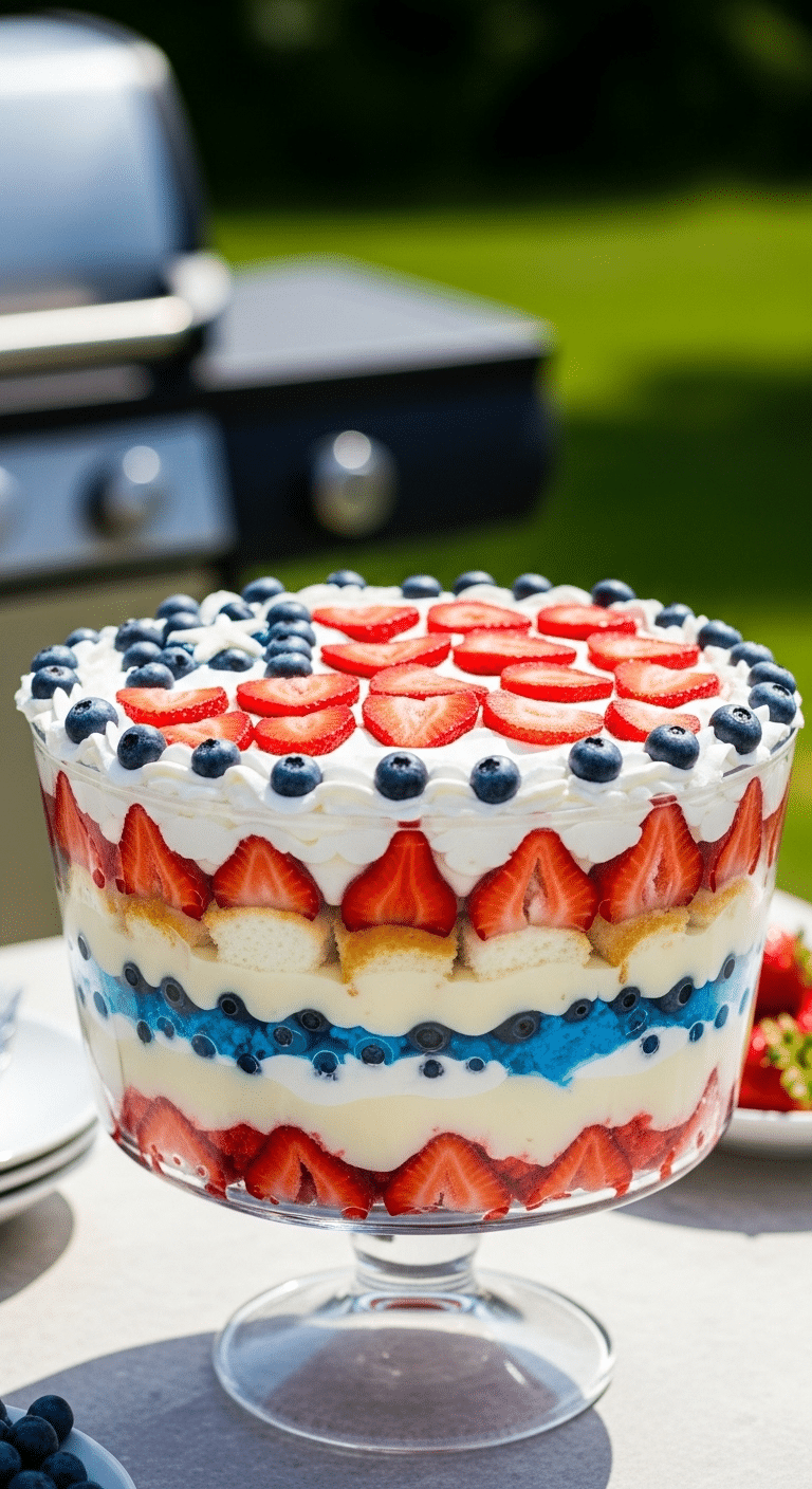 A beautiful, layered, no-bake 4th of July Trifle in a glass bowl.