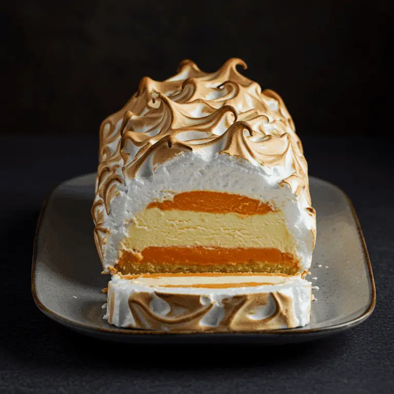 The finished, classic Baked Alaska with a slice cut to reveal the ice cream layers.