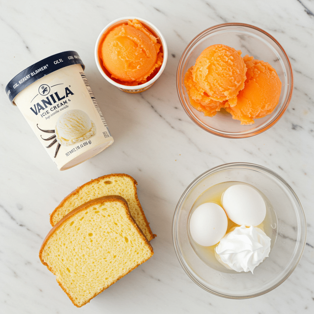 Ingredients for the Baked Alaska: vanilla ice cream, orange sherbet, and pound cake.