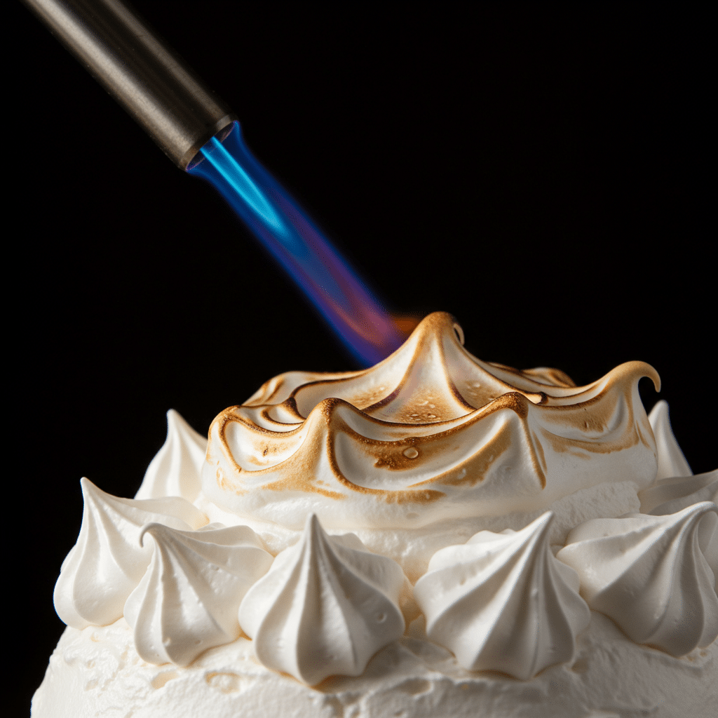 Using a kitchen torch to brown the meringue on the finished Baked Alaska.