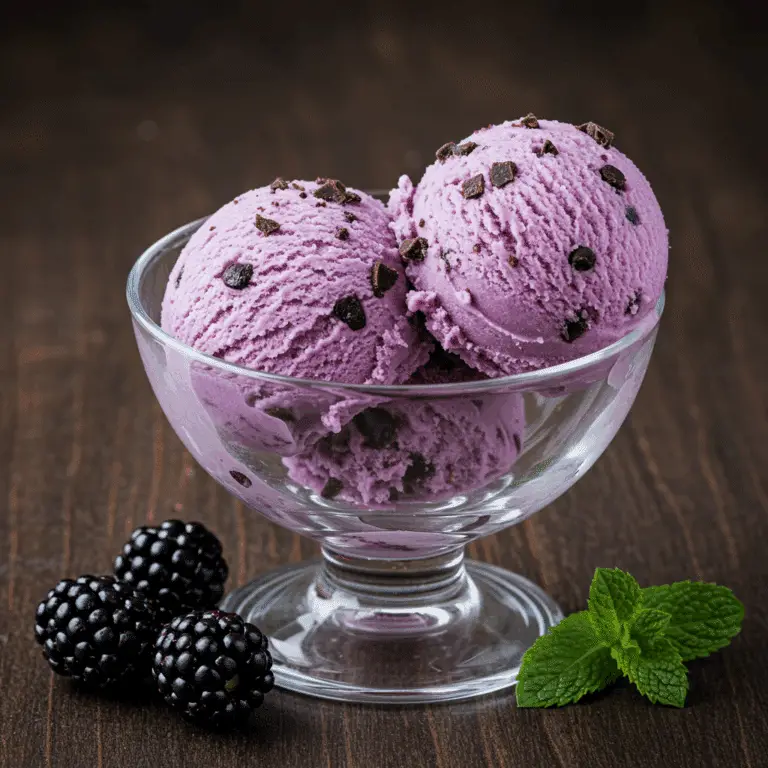 Two scoops of creamy, homemade Blackberry Chip Ice Cream in a bowl.