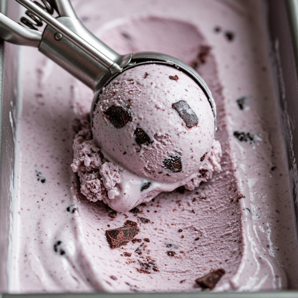 Scooping a perfect, creamy scoop of the finished Blackberry Chip Ice Cream.