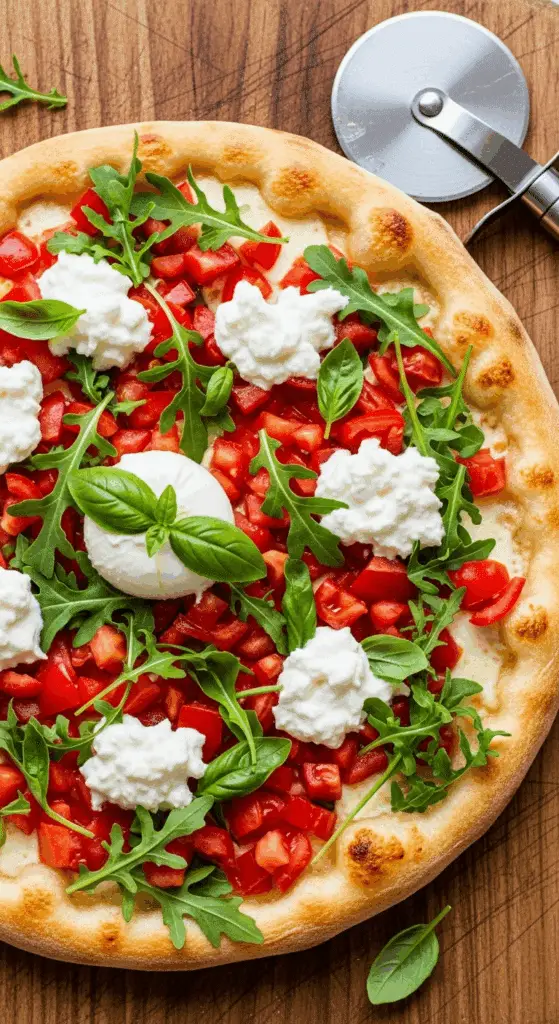 A whole, homemade Bruschetta Pizza topped with fresh burrata and tomatoes.
