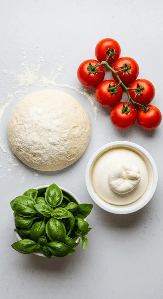 Fresh ingredients for the Bruschetta Pizza: pizza dough, burrata, tomatoes, and basil.