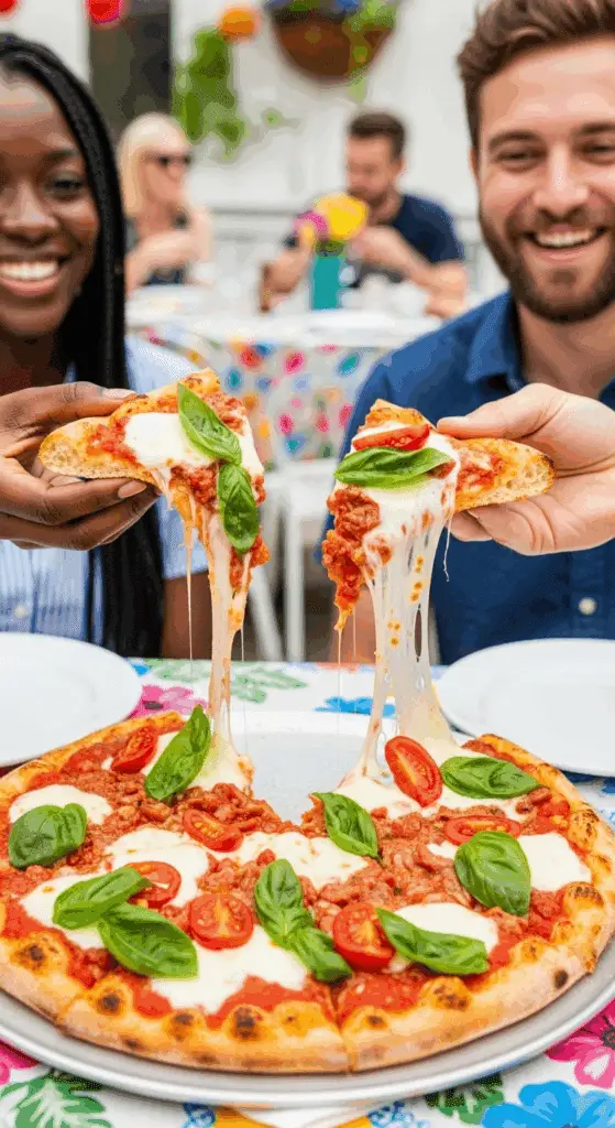 Two hands holding fresh slices of the finished Bruschetta Pizza.
