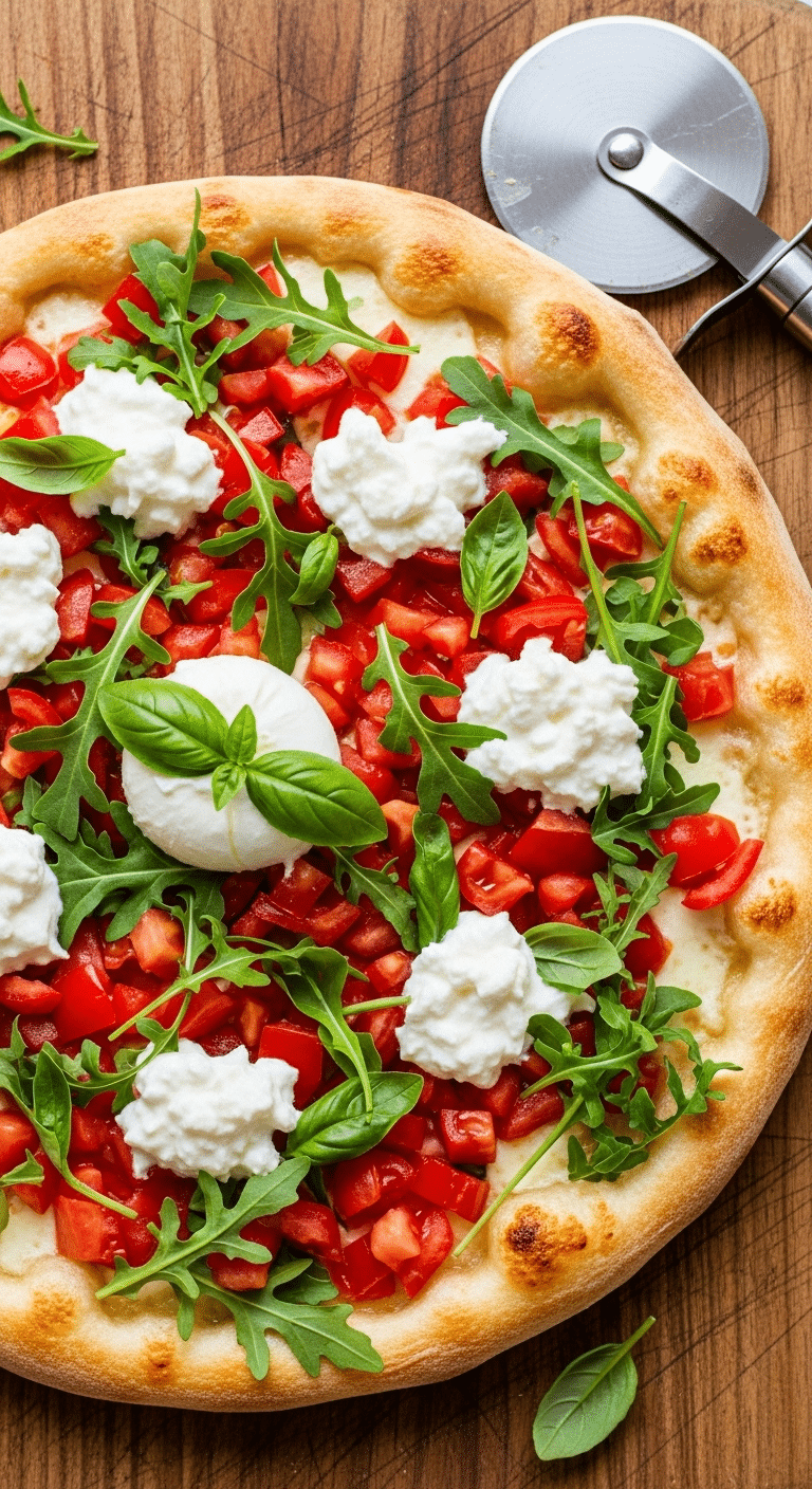 A whole, homemade Bruschetta Pizza topped with fresh burrata and tomatoes.