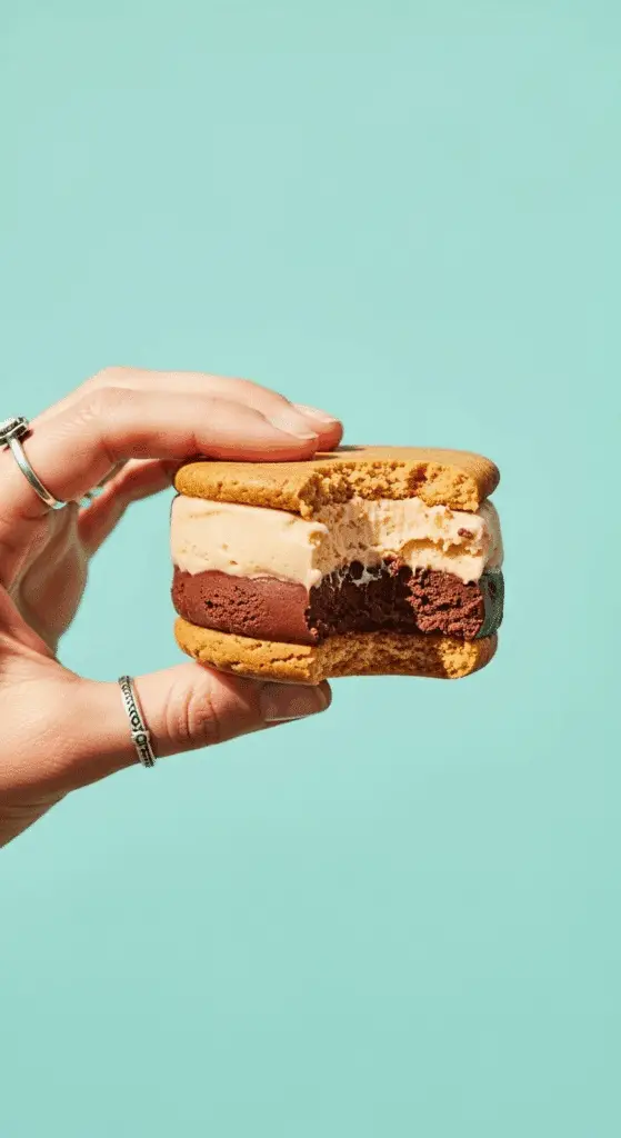 A hand holding a finished Peanut Butter Chocolate Sorbet Sandwich with a bite taken out.