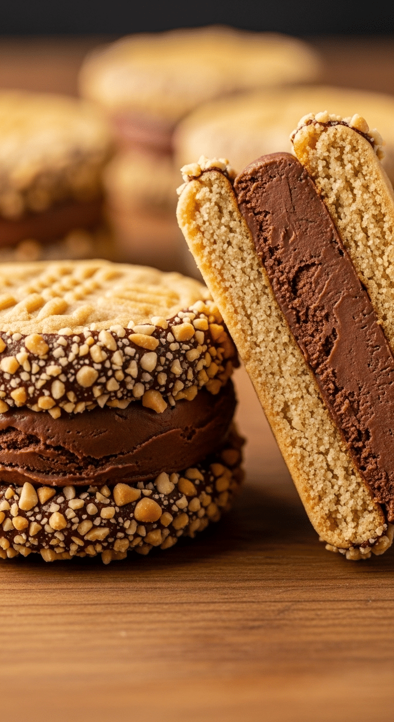 Two homemade Peanut Butter Chocolate Sorbet Sandwiches with a peanut-crusted edge.