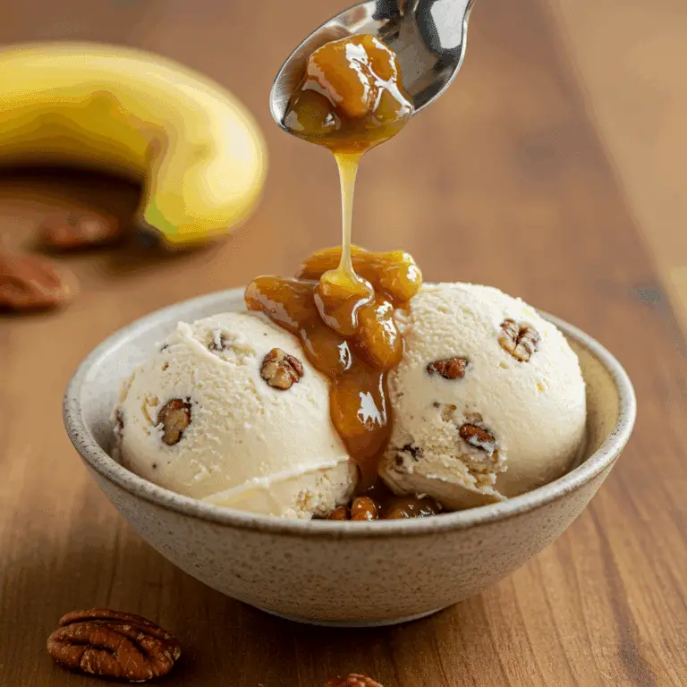 A bowl of homemade Southern-style Buttermilk-Pecan Ice Cream topped with caramel bananas.