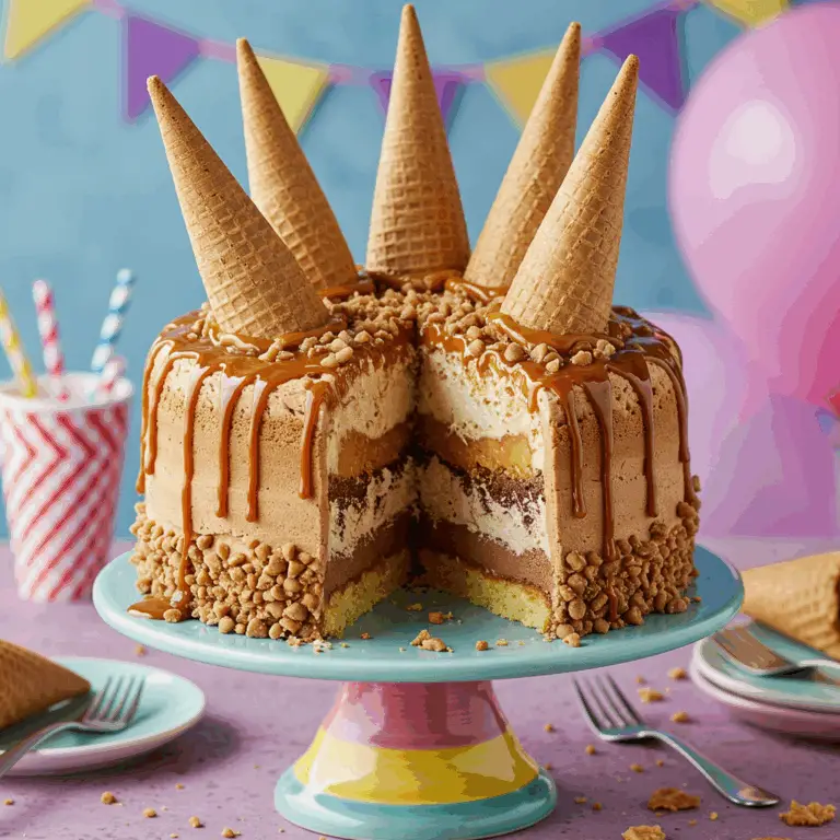 The finished, whimsical Salted Caramel Ice Cream Cone Cake with a slice being served.