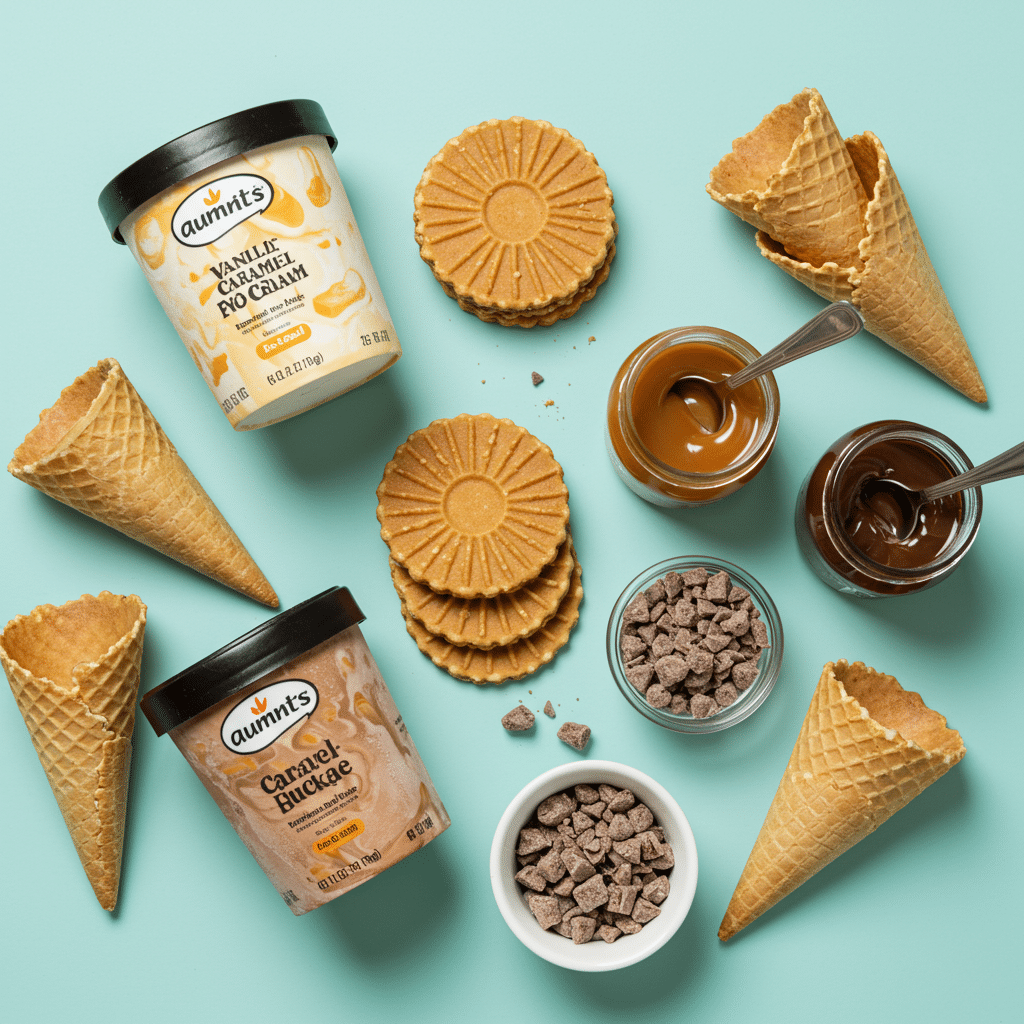 Ingredients for the Salted Caramel Ice Cream Cone Cake.