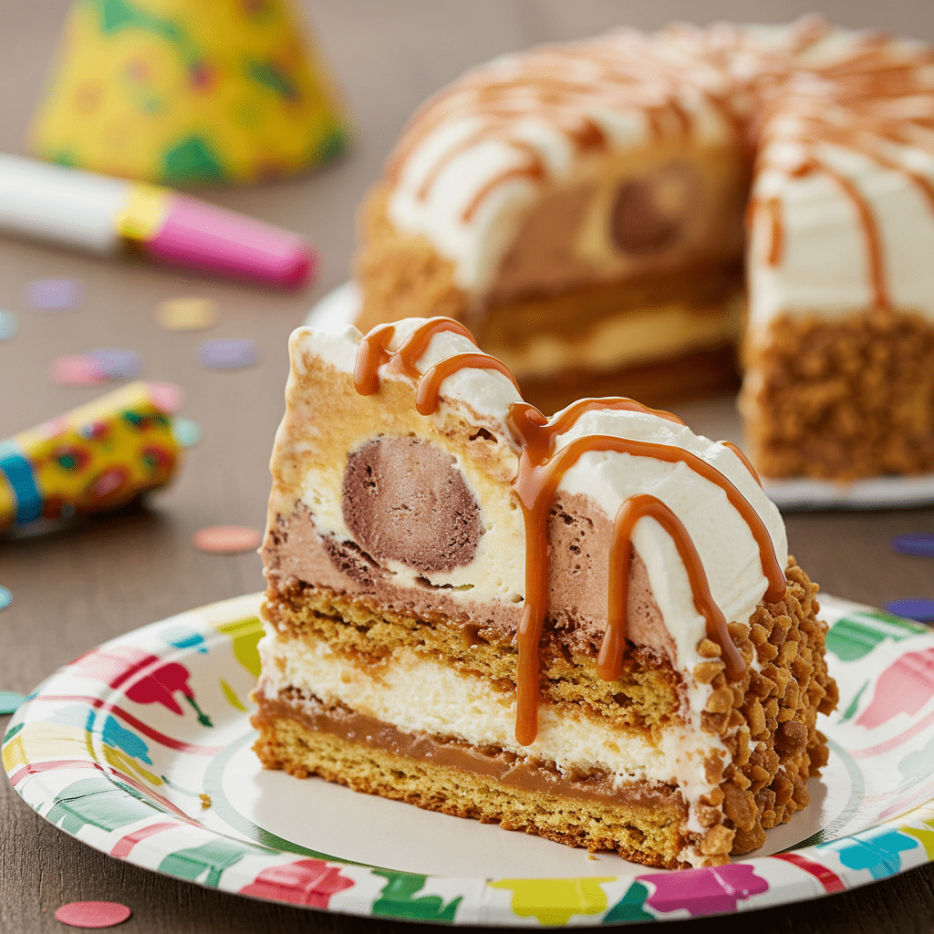 A perfect slice of the finished Salted Caramel Ice Cream Cone Cake.