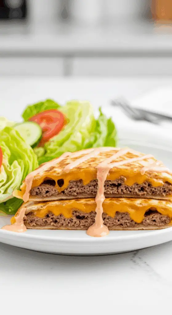 A plate of homemade Cheeseburger Quesadillas served with a wedge salad.