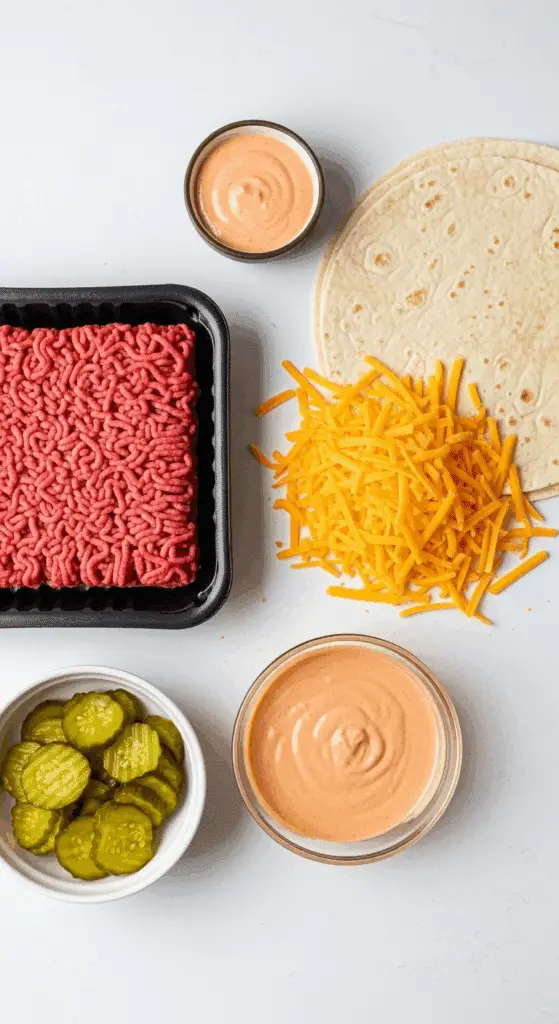 Ingredients for making easy Cheeseburger Quesadillas.