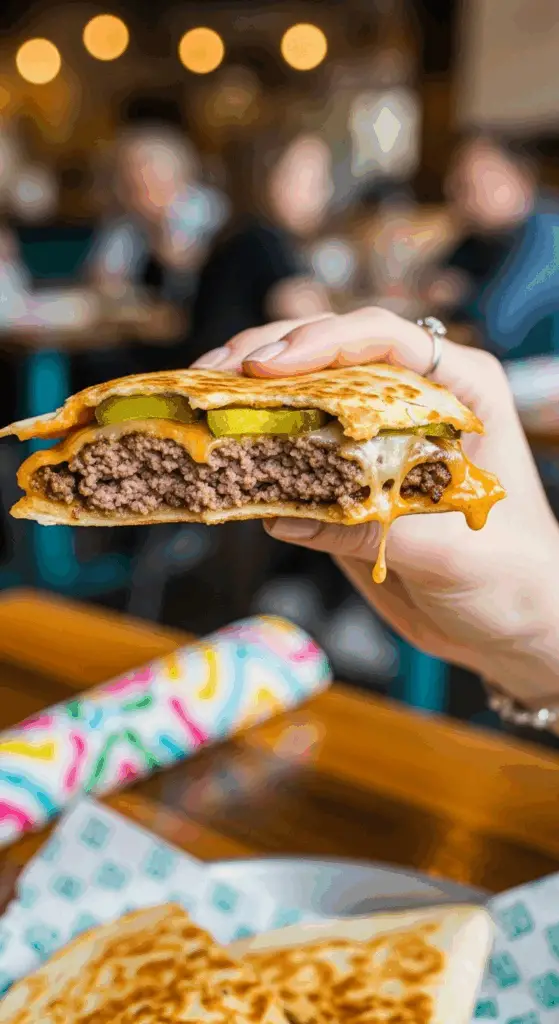 A hand holding a Cheeseburger Quesadilla with a bite taken out.