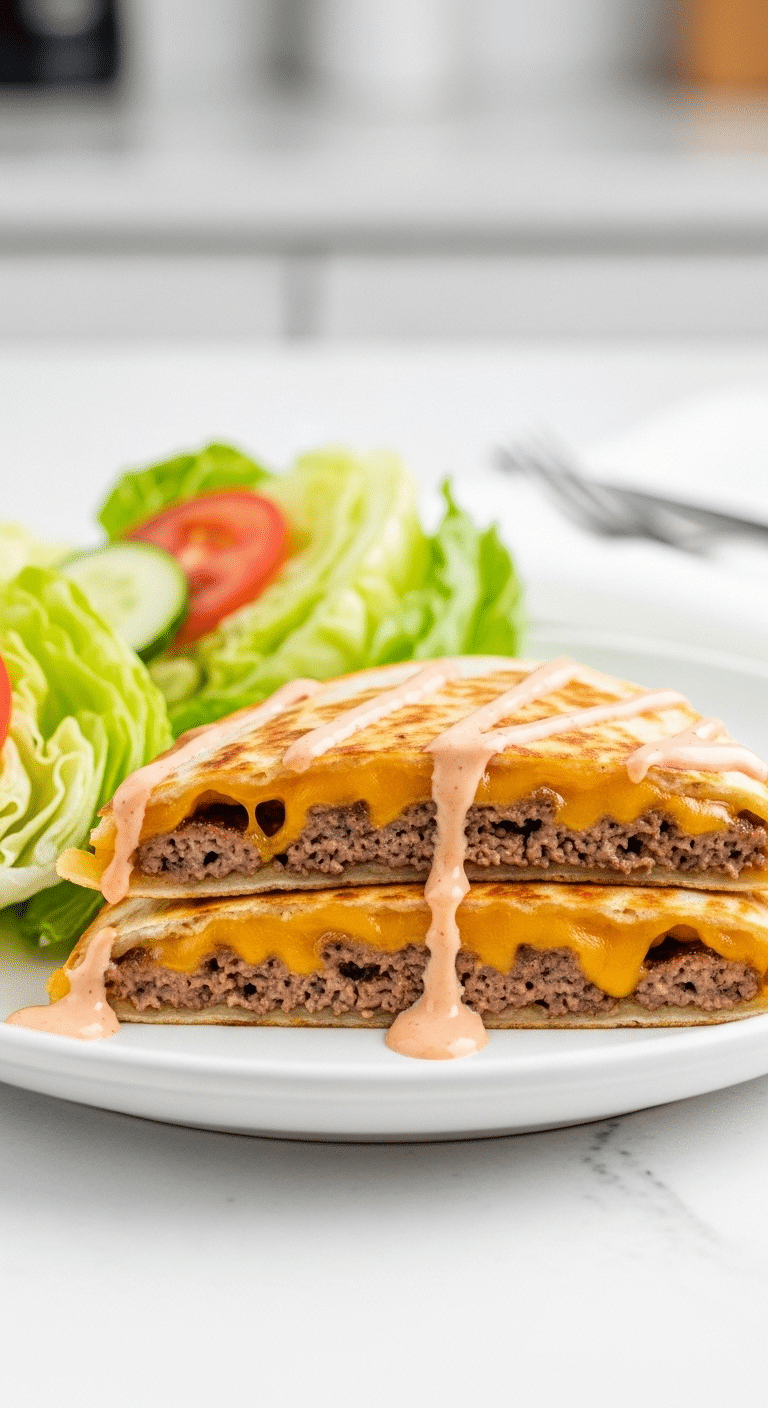 A plate of homemade Cheeseburger Quesadillas served with a wedge salad.
