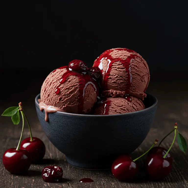 Two scoops of homemade from-scratch Cherry-Chocolate Ice Cream in a bowl.