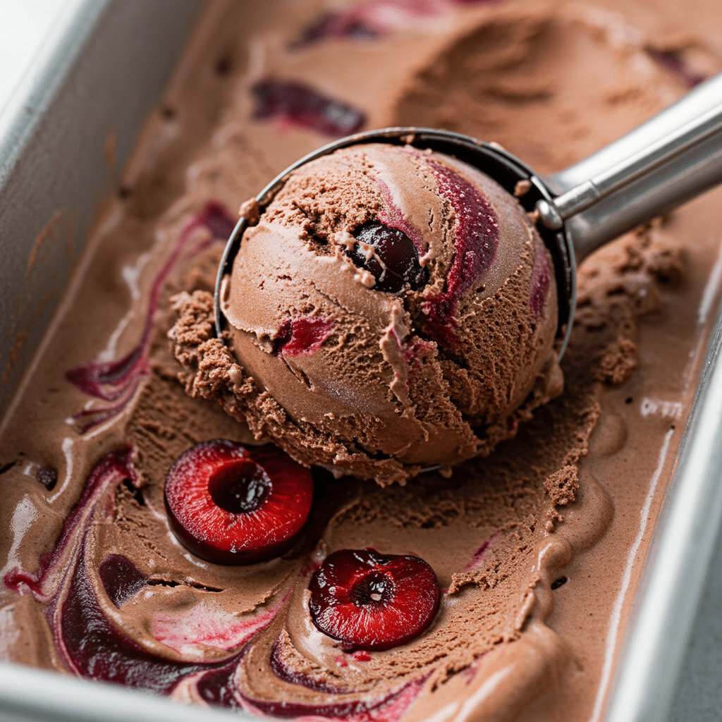 Scooping a perfect, creamy scoop of the finished homemade Cherry-Chocolate Ice Cream.