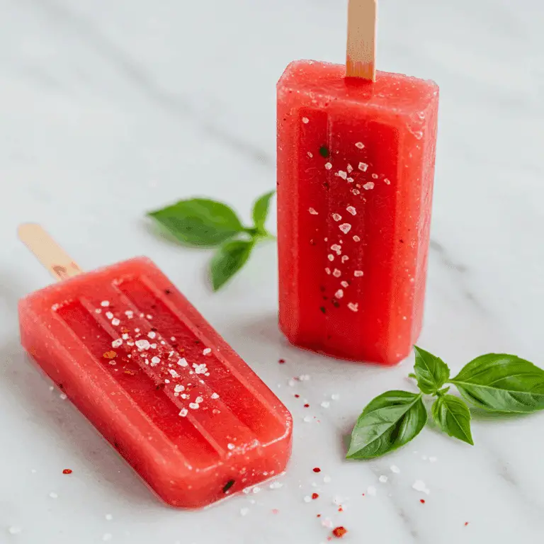 Two gourmet Watermelon, Chili and Basil Ice Pops on a marble surface.