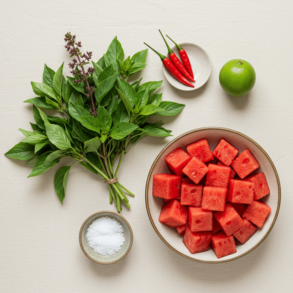 Ingredients for Watermelon, Chili and Basil Ice Pops.