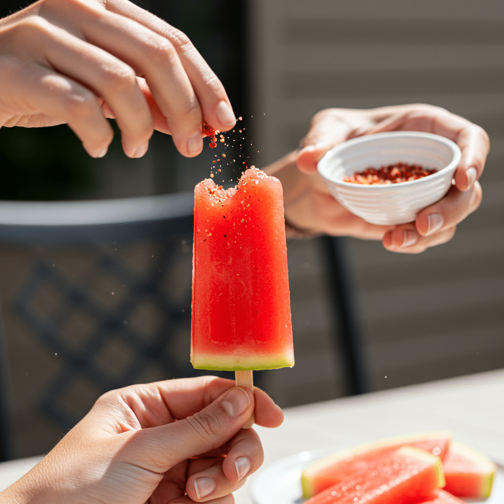 A hand sprinkling chili salt onto a finished Watermelon, Chili and Basil Ice Pop.