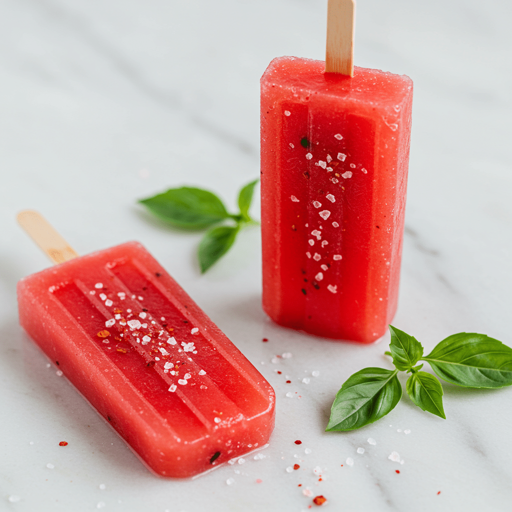Two gourmet Watermelon, Chili and Basil Ice Pops on a marble surface.