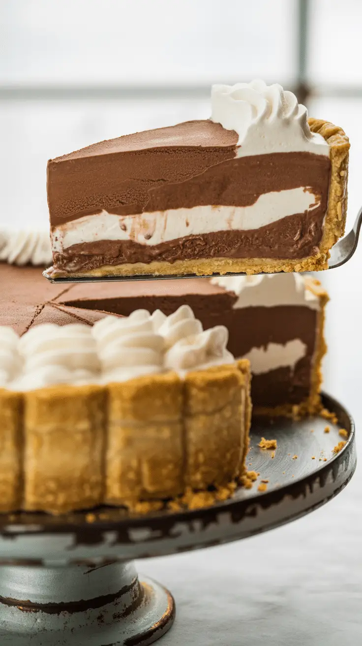 A layered Chocolate-Banana Ice Cream Pie with a slice being served to show the inside.