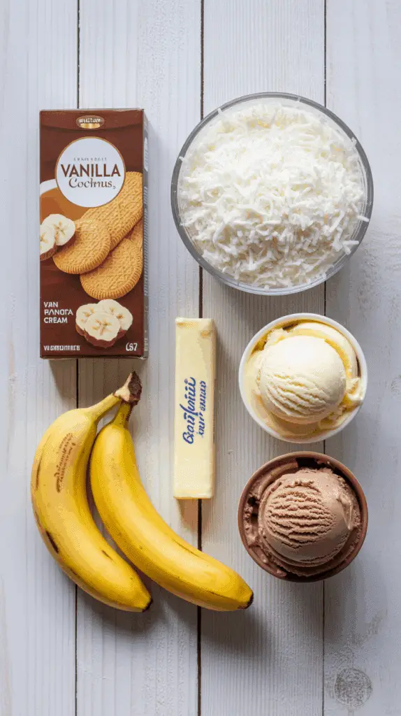 Ingredients for the no-bake Chocolate-Banana Ice Cream Pie.