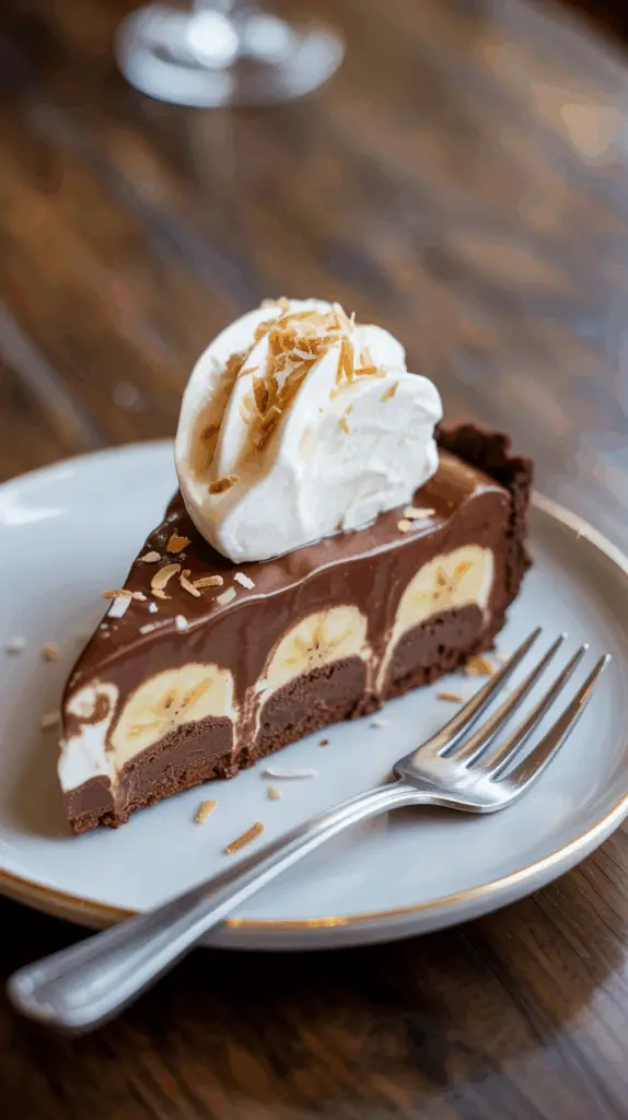A perfect slice of the finished Chocolate-Banana Ice Cream Pie on a plate.