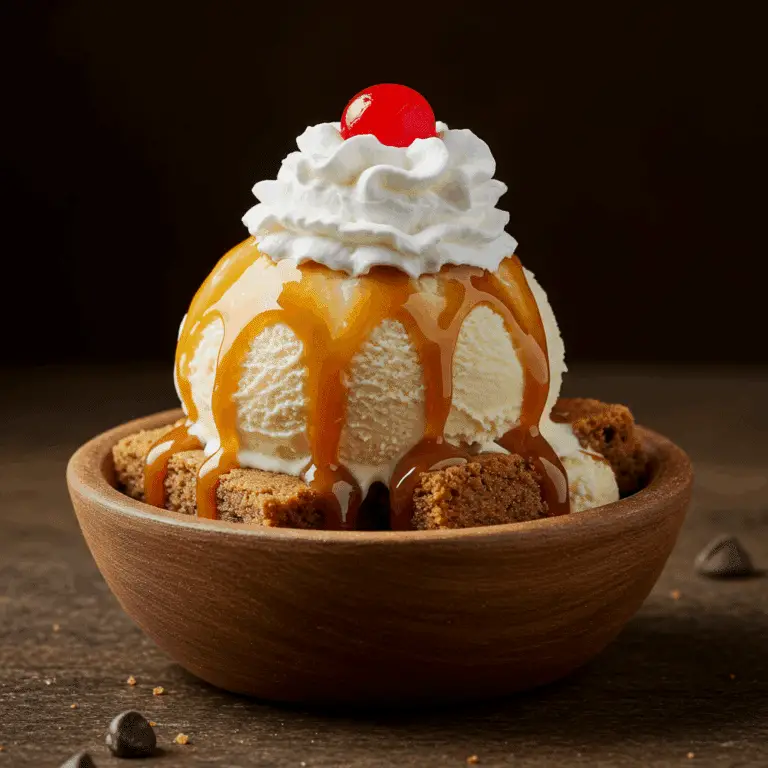 The ultimate Chocolate Chip Caramel Ice Cream Sundae with a warm cookie base.