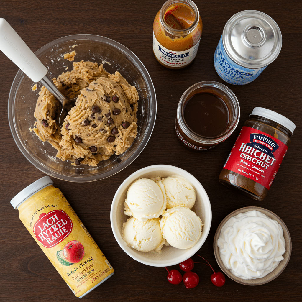 Ingredients for the Chocolate Chip Caramel Ice Cream Sundae.