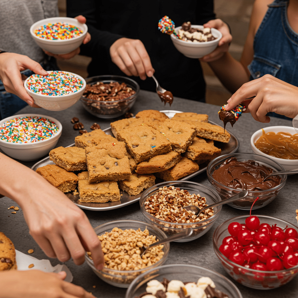 A party scene with a "Build Your Own Chocolate Chip Caramel Ice Cream Sundae" bar.