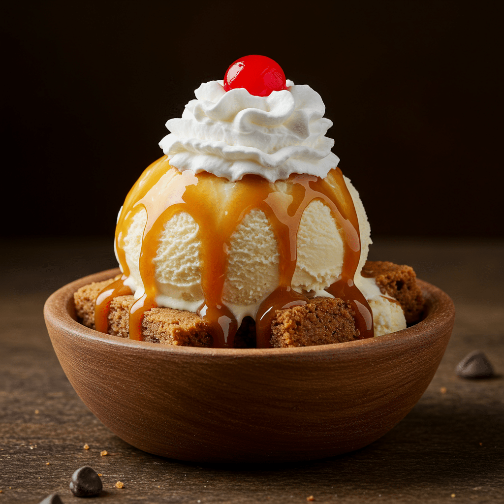 The ultimate Chocolate Chip Caramel Ice Cream Sundae with a warm cookie base.