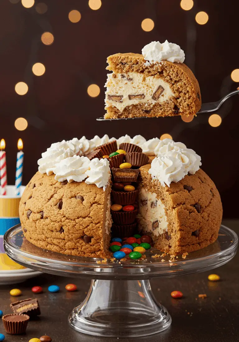The finished Chocolate Chip Cookie Bombe with a slice removed to show the surprise inside.