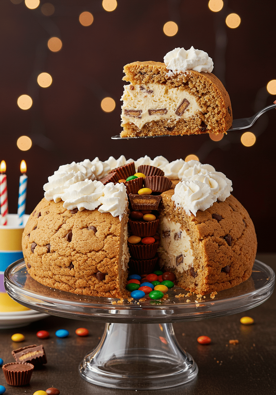 The finished Chocolate Chip Cookie Bombe with a slice removed to show the surprise inside.