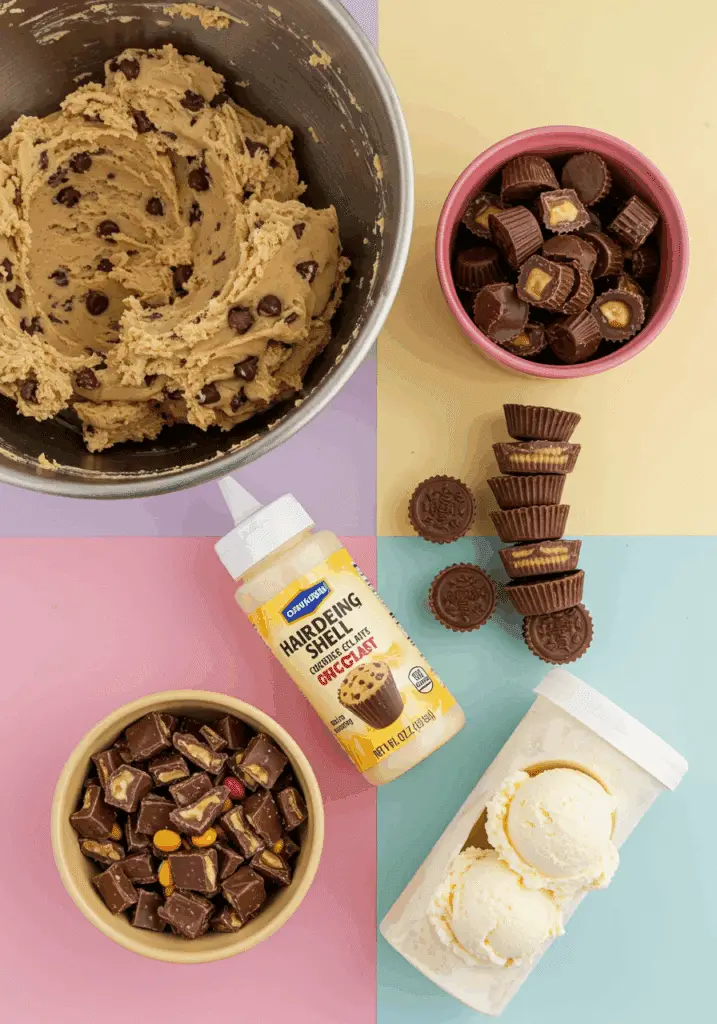 Ingredients for the Chocolate Chip Cookie Bombe, including cookie dough and candy.