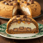 A perfect slice of the Chocolate Chip Cookie Bombe showing the surprise peanut butter cup core.