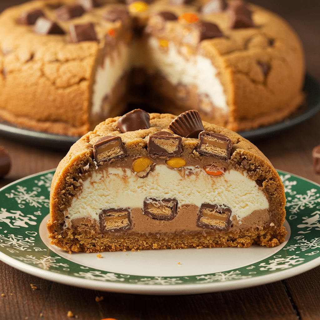 A perfect slice of the Chocolate Chip Cookie Bombe showing the surprise peanut butter cup core.