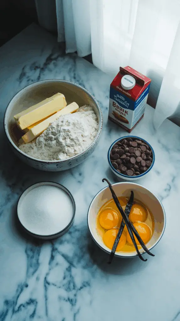 Ingredients for from-scratch Chocolate Chip Cookie Dough Ice Cream.