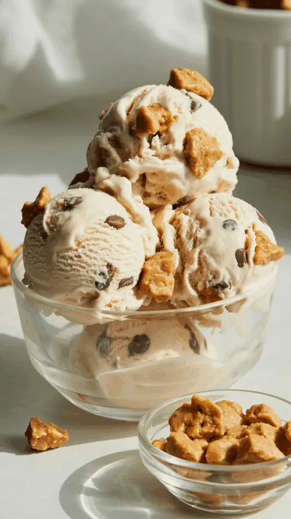 A bowl of finished homemade Chocolate Chip Cookie Dough Ice Cream.The delicious, finished homemade Chocolate Chip Cookie Dough Ice Cream, loaded with cookie dough pieces.