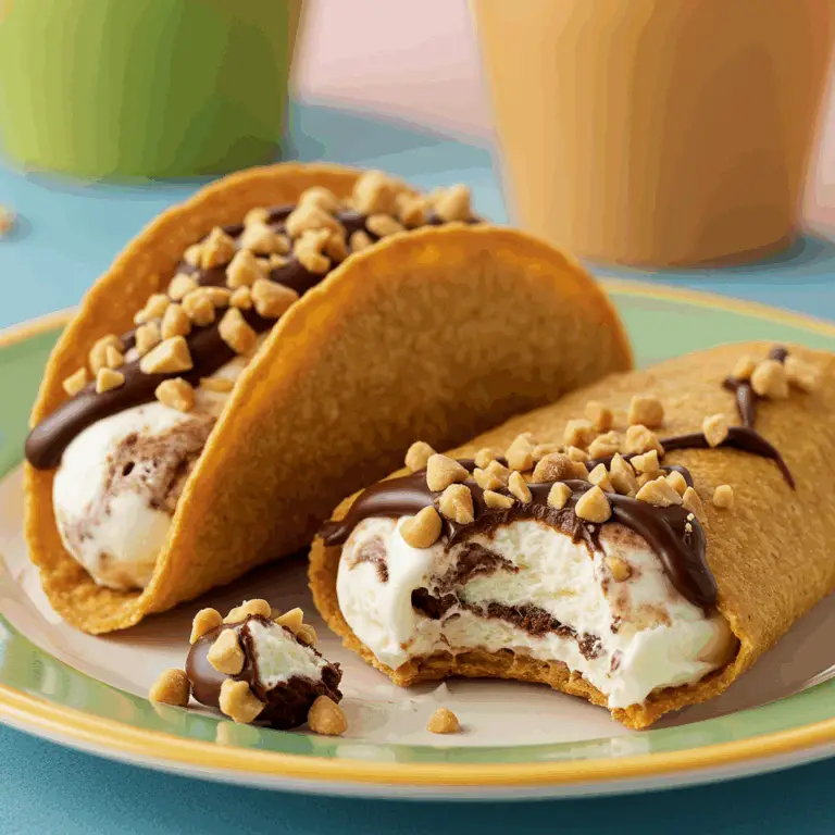 Two homemade Chocolate-Covered Ice Cream Tacos filled with ice cream and toppings.