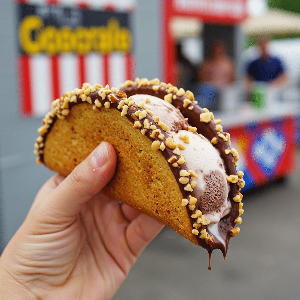 A hand holding a finished homemade Chocolate-Covered Ice Cream Taco.