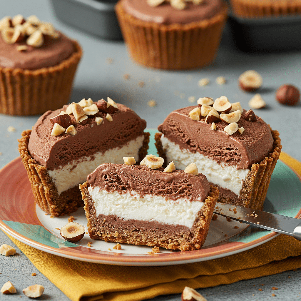 Two homemade Chocolate-Hazelnut Ice Cream Cupcakes, one cut to show the layers.