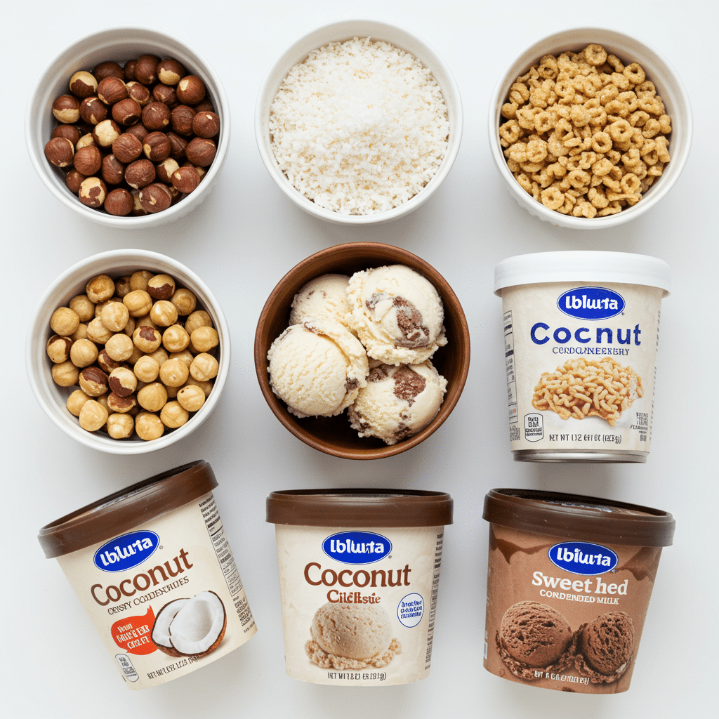 Ingredients for the no-bake Chocolate-Hazelnut Ice Cream Cupcakes.