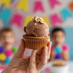 A hand holding a finished Chocolate-Hazelnut Ice Cream Cupcake at a party.