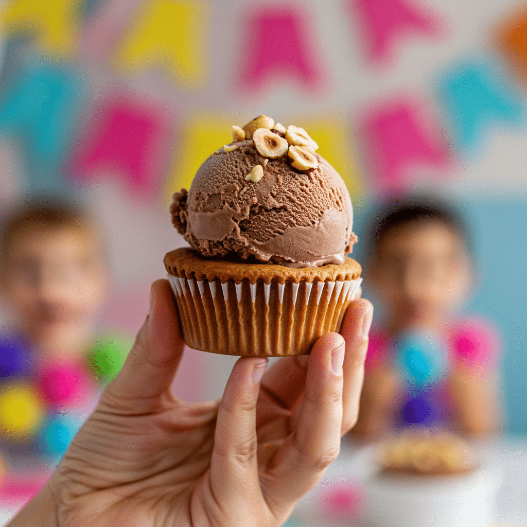 A hand holding a finished Chocolate-Hazelnut Ice Cream Cupcake at a party.