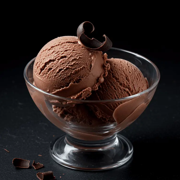 A bowl with two rich scoops of homemade from-scratch Chocolate Ice Cream.