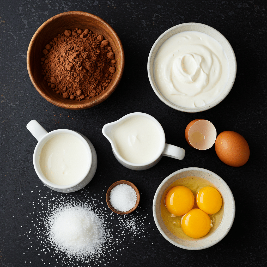 Ingredients for from-scratch custard-based Chocolate Ice Cream.