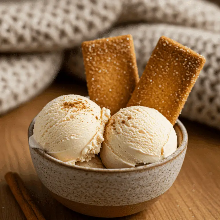 A bowl of homemade from-scratch Cinnamon Ice Cream served with cinnamon crisps.